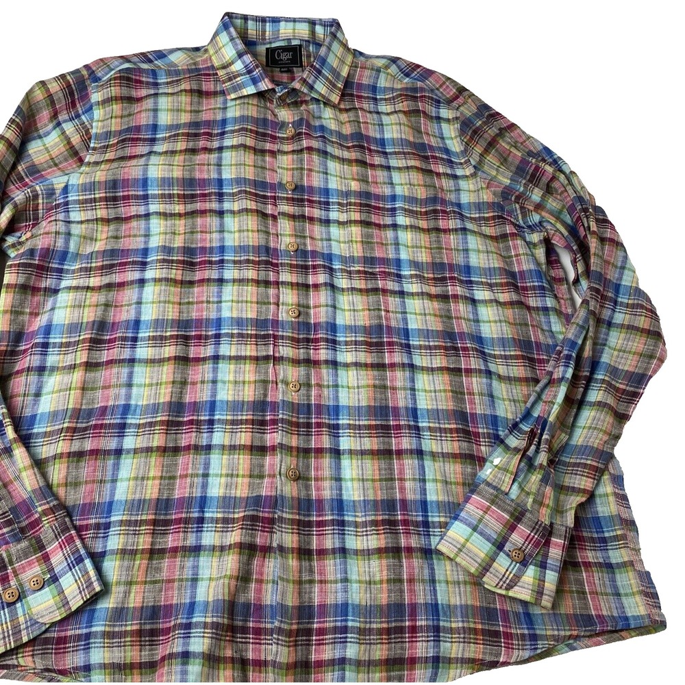 Cigar Couture Rainbow Colored Plaid Long Sleeve 100% Linen Shirt Mens XXL 2XL